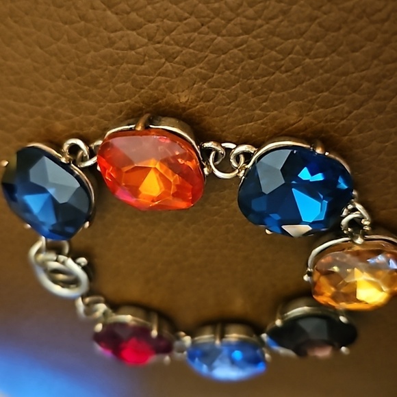 Vintage 1980s Rainbow Glass Faceted Cushion Gem Chunky Link Bracelet - Picture 3 of 6